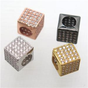 European Style copper beads paved zircon, cube, mix color, approx 8x8x8mm, 5mm hole [FN10279]
