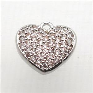 copper heart pendant paved zircon, platinum plated, approx 12mm [FN10300]
