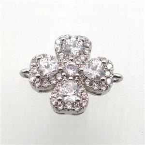 copper clover connector paved zircon, platinum plated, approx 12mm [FN10321]