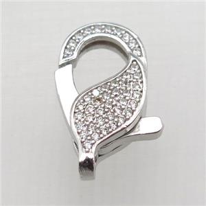 copper Lobster Clasp pave zircon, platinum plated, approx 10-20mm [FN10342]