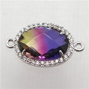 Crystal Glass oval connector with zircon, copper, platinum plated, approx 16-22mm [FN10349-16X22MM]