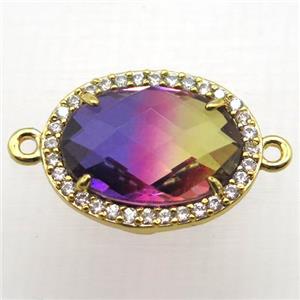 Crystal Glass oval connector with zircon, copper, gold plated, approx 16-22mm [FN10356-16X22MM]