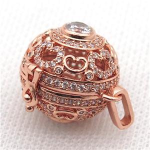 round copper hollow Locket pendant pave zircon, rose gold, approx 20mm dia [FN10361]