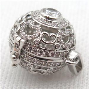 round copper locket pendant pave zircon, platinum plated, approx 20mm dia [FN10362]