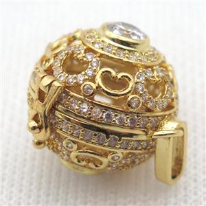 round copper locket pendant pave zircon, gold plated, approx 20mm dia [FN10363]