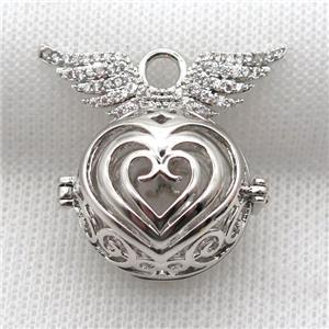 copper locket pendant pave zircon with angel wing, platinum plated, approx 24-30mm [FN10370]
