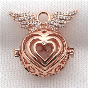copper locket pendant pave zircon with angel wing, rose gold, approx 24-30mm [FN10371]