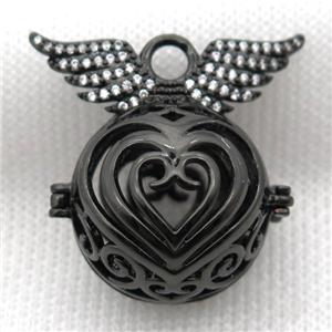 copper locket pendant pave zircon with angel wing, black plated, approx 24-30mm [FN10372]