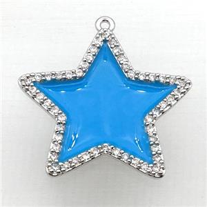 copper star pendant pave zircon with blue Enameling, platinum plated, approx 28mm dia [FN10384]