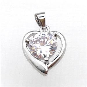 copper heart pendant pave zircon, platinum plated, approx 14-16mm [FN10414]