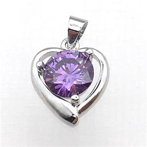 copper heart pendant pave purple zircon, platinum plated, approx 14-16mm [FN10415]