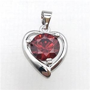 copper heart pendant pave red zircon, platinum plated, approx 14-16mm [FN10416]