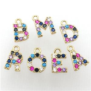 copper Letter charm Pendant pave zircon, gold plated, mix color, approx 8-10mm [FN10418]