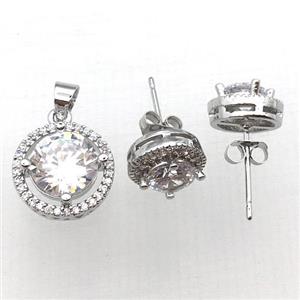 copper Stud Earring and Pendant pave zircon, platinum plated, approx 10mm dia, 13mm dia [FN10423]