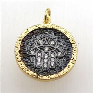 copper hamsahand pendant pave zircon, gold plated, approx 20mm dia [FN10458]