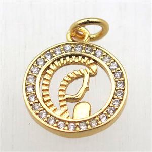 copper circle pendant pave zircon, gold plated, approx 13mm dia [FN10507]