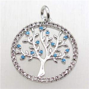 copper pendant pave zircon, tree of life, platinum plated, approx 20mm dia [FN10509]
