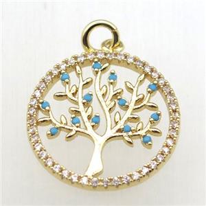 copper pendant pave zircon, tree of life, gold plated, approx 20mm dia [FN10510]