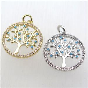 copper pendant pave zircon, tree of life, mixed, approx 20mm dia [FN10511]