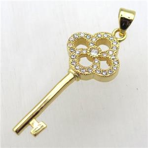 copper key charm pendant pave zircon, gold plated, approx 14-30mm [FN10538]