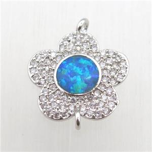 copper flower connector pave zircon with fire opal, platinum plated, approx 14mm dia [FN10539]