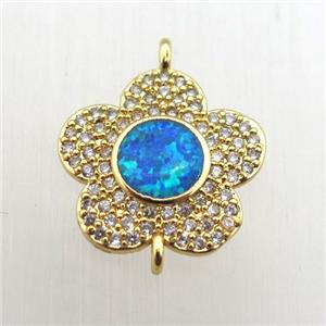copper flower connector pave zircon with fire opal, gold plated, approx 14mm dia [FN10540]