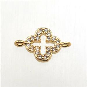 copper clover connector pave zircon, gold plated, approx 8x8mm [FN10549]