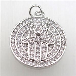 copper hamsahand pendant pave zircon, platinum plated, approx 20mm dia [FN10567]
