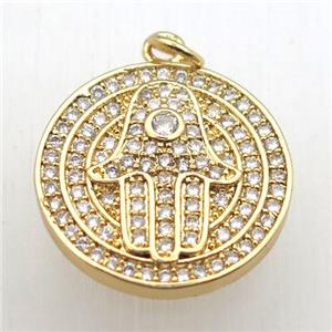 copper hamsahand pendant pave zircon, gold plated, approx 20mm dia [FN10568]