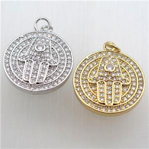 copper hamsahand pendant pave zircon, mixed, approx 20mm dia [FN10569]