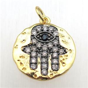 copper hamsahand pendant pave zircon, gold plated, approx 16mm dia [FN10570]