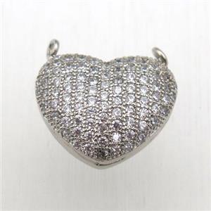 copper heart pendant pave zircon with 2loops, platinum plated, approx 18mm [FN10585]