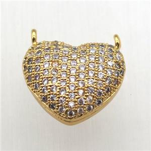 copper heart pendant pave zircon with 2loops, gold plated, approx 18mm [FN10586]