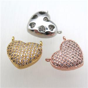 copper heart pendant pave zircon with 2loops, mix color, approx 18mm [FN10588]