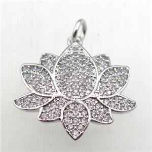 copper lotus pendant pave zircon, platinum plated, approx 18-20mm [FN10594]