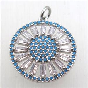copper sun pendant pave zircon, platinum plated, approx 20mm dia [FN10600]