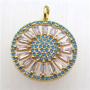 copper sun pendant pave zircon, gold plated, approx 20mm dia [FN10601]