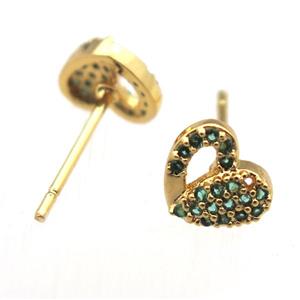 copper stud Earrings pave zircon, heart, gold plated, approx 8mm [FN10644]