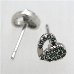 copper stud Earrings pave zircon, heart, platinum plated, approx 8mm [FN10645]
