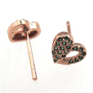 copper stud Earrings pave zircon, heart, rose gold, approx 8mm [FN10646]