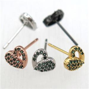 copper stud Earrings pave zircon, heart, mixed color, approx 8mm [FN10647]