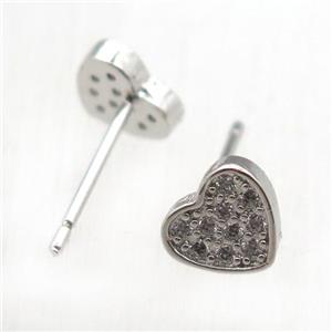 copper stud Earrings pave zircon, heart, platinum plated, approx 7mm [FN10649]