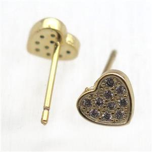 copper stud Earrings pave zircon, heart, gold plated, approx 7mm [FN10650]