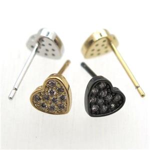 copper stud Earrings pave zircon, heart, mixed color, approx 7mm [FN10651]