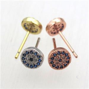 copper stud Earrings pave zircon, circle, mixed color, approx 6mm dia [FN10655]