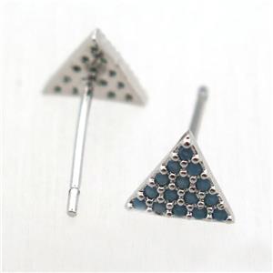 copper stud Earrings pave zircon, triangle, platinum plated, approx 8x8x8mm [FN10656]