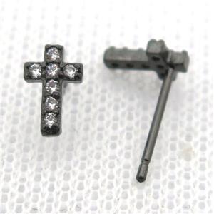 copper stud Earrings pave zircon, cross, black plated, approx 5-8mm [FN10660]