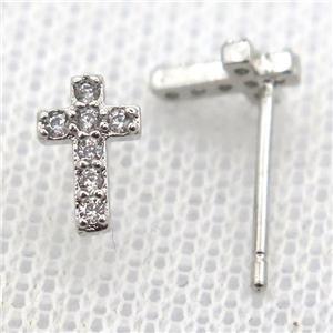 copper stud Earrings pave zircon, cross, platinum plated, approx 5-8mm [FN10661]