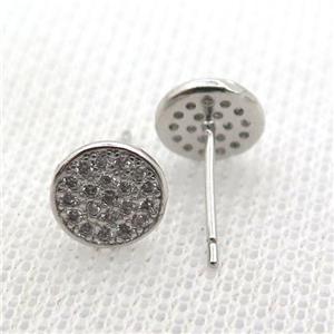copper stud Earrings pave zircon, circle, platinum plated, approx 8mm dia [FN10665]