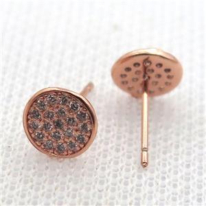 copper stud Earrings pave zircon, circle, rose gold, approx 8mm dia [FN10667]